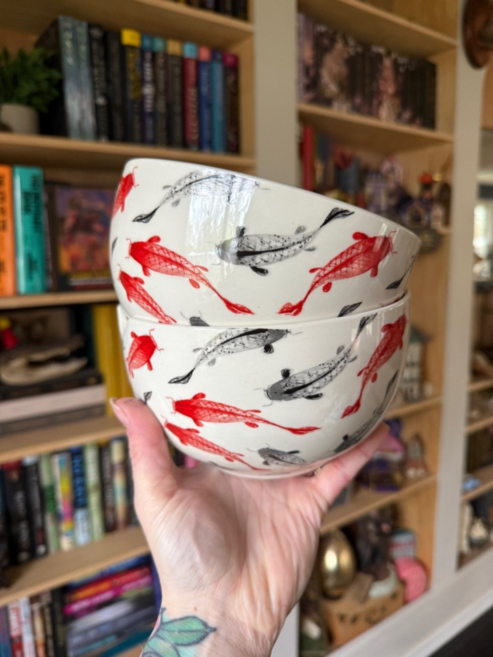 2 Ceramic Koi Fish Ramen Bowls - Red & Gray